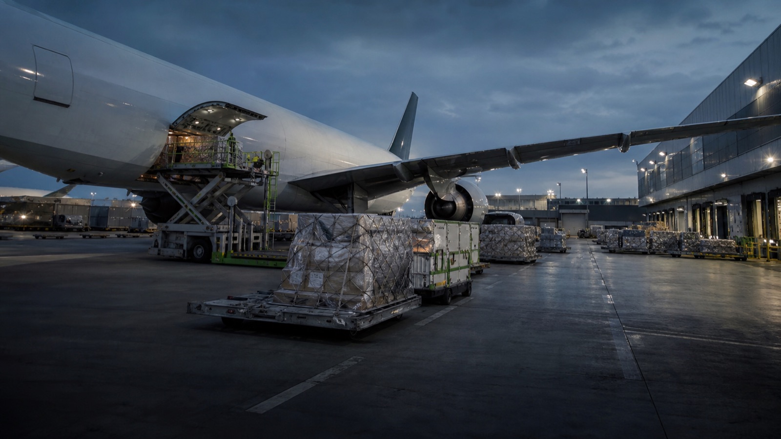 Air cargo aircraft, high loader, and palletized freight at a United States airport cargo terminal