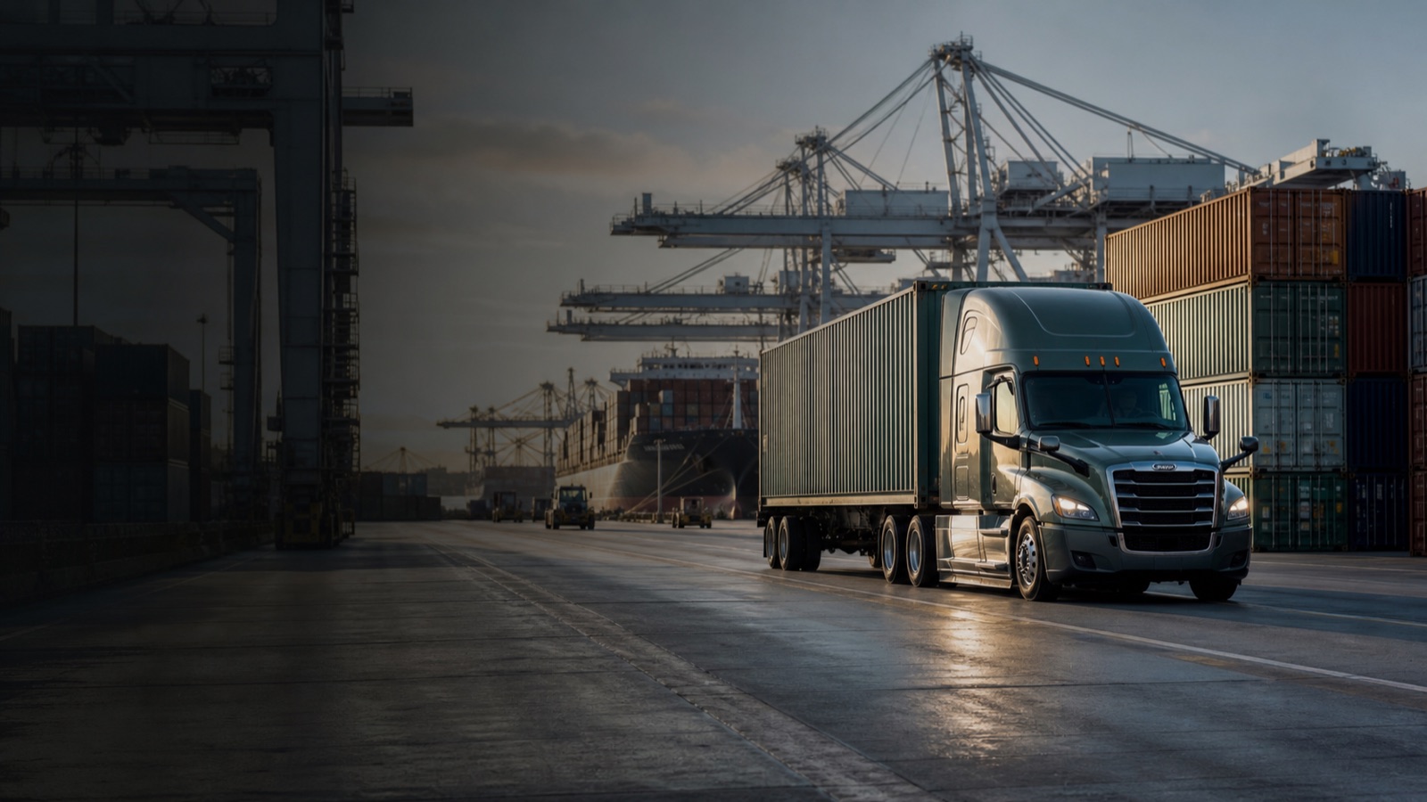 Container drayage truck operating inside a major port terminal
