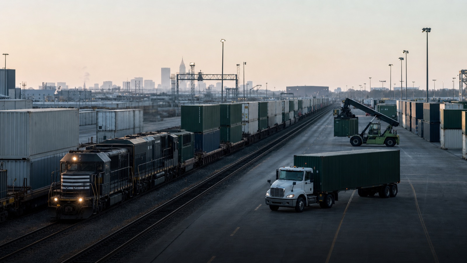 Double-stack container train and drayage operation at a United States intermodal rail terminal