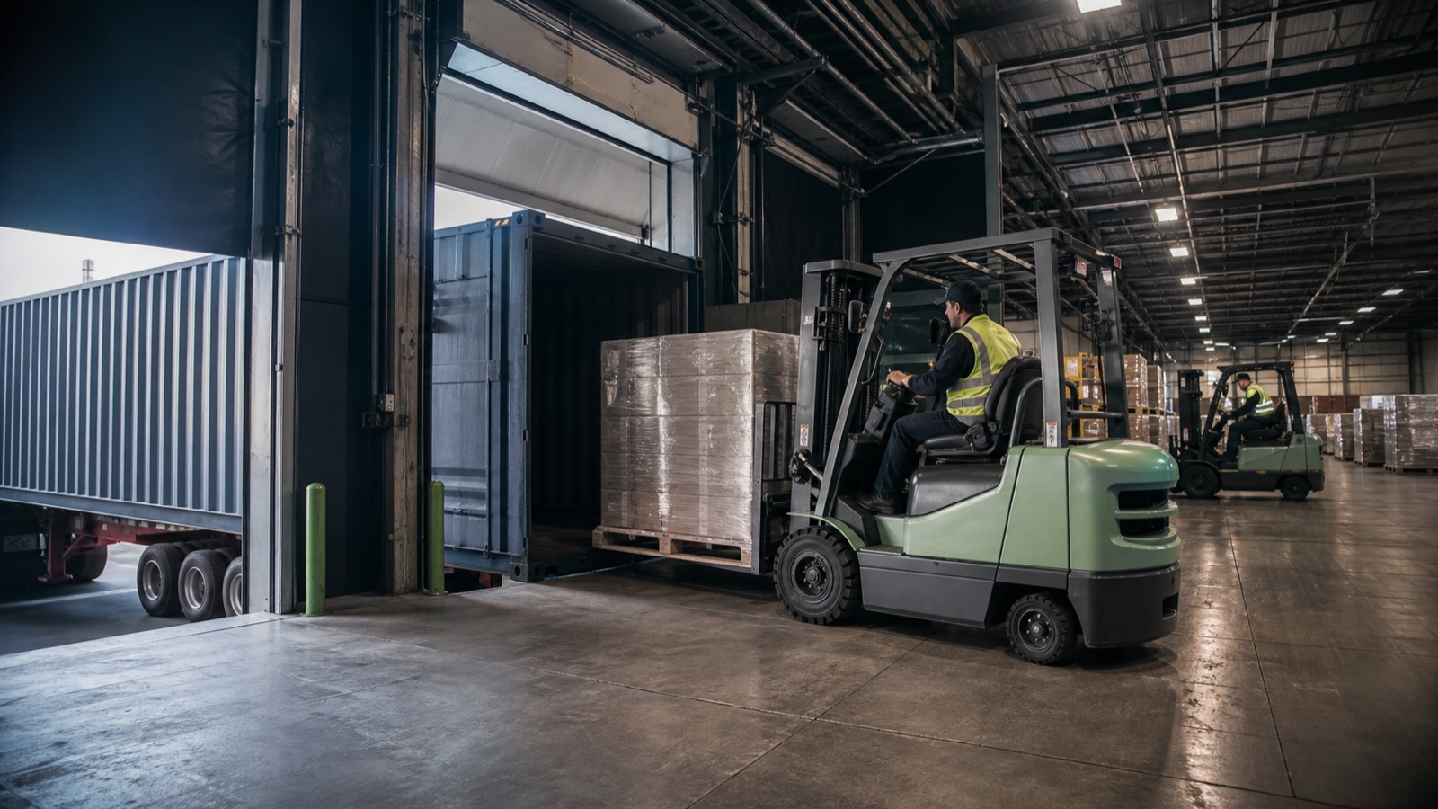Covered warehouse transload operation with forklifts and palletized freight