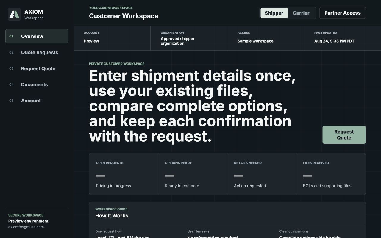 Example view of the Axiom Shipper Portal without customer information